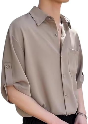 unifiss Men's Roll-Up Shirt, Half Sleeve, Short Sleeve, Casual, Solid, Simple, Top, Spring, Summer, Autumn, M-2XL